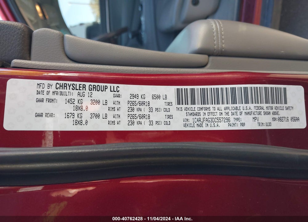 2013 JEEP GRAND CHEROKEE LAREDO VIN: 1C4RJFAG3DC557296