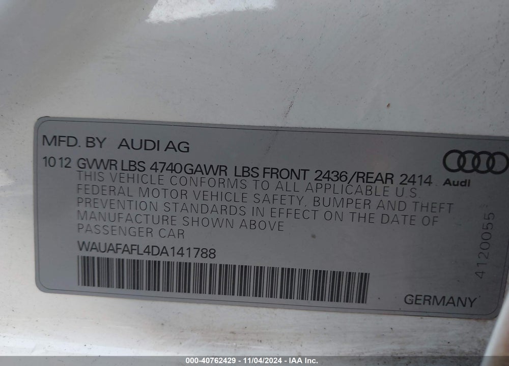 2013 AUDI A4 2.0T PREMIUM VIN: WAUAFAFL4DA141788