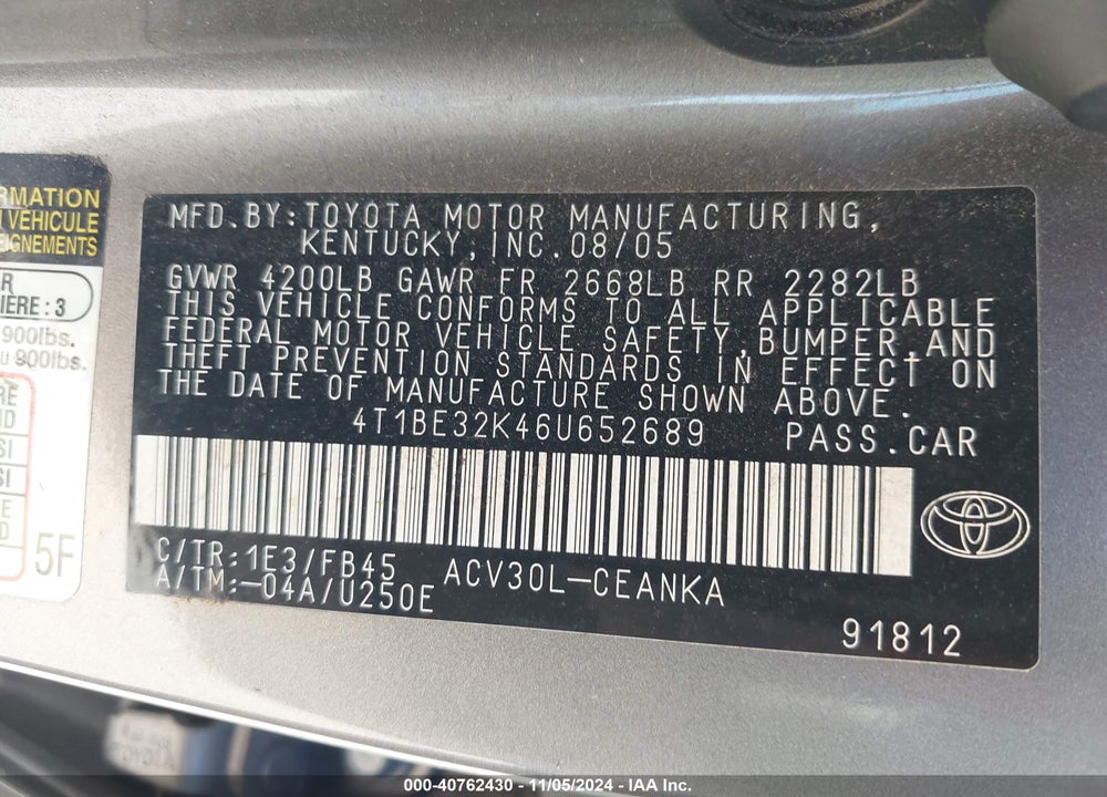 2006 TOYOTA CAMRY LE VIN: 4T1BE32K46U652689