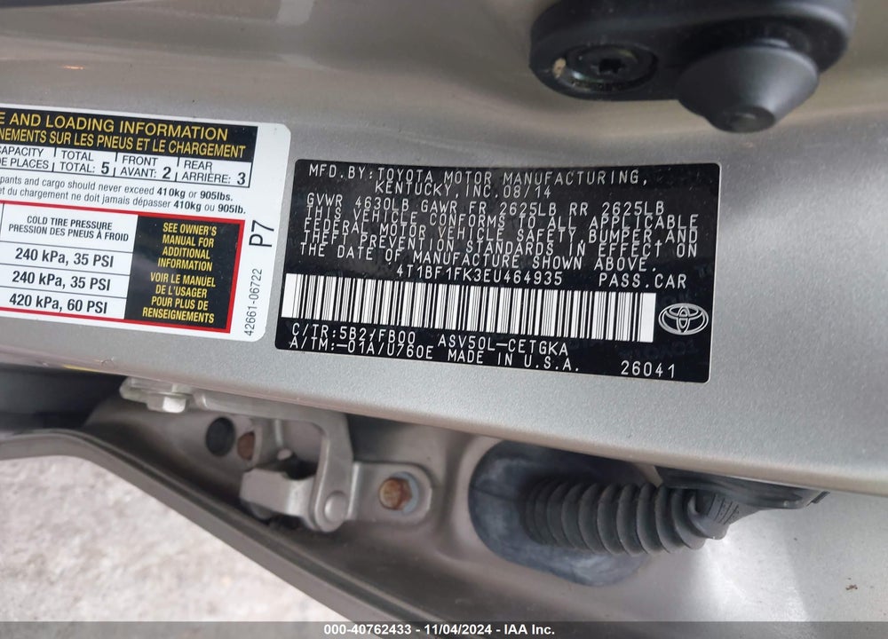 2014 TOYOTA CAMRY XLE VIN: 4T1BF1FK3EU464935