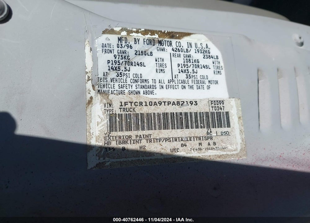 1996 FORD RANGER VIN: 1FTCR10A9TPA82193