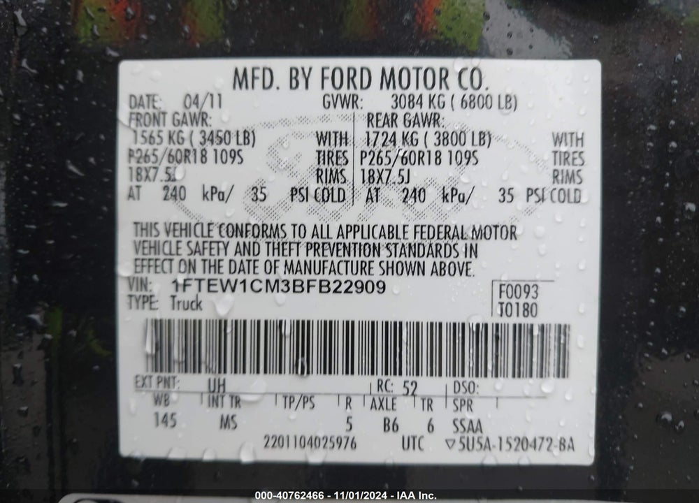2011 FORD F-150 VIN: 1FTEW1CM3BFB22909