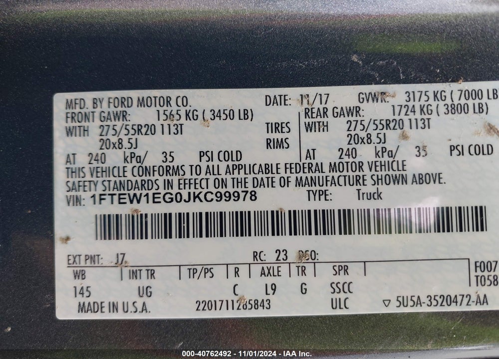2018 FORD F-150 XLT VIN: 1FTEW1EG0JKC99978