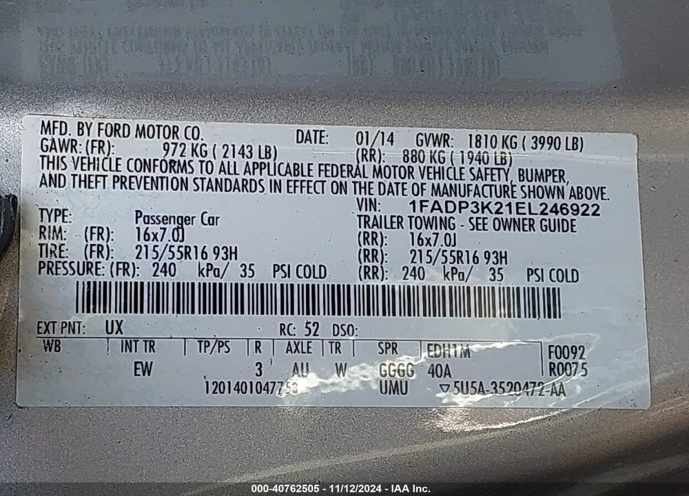 2014 FORD FOCUS SE VIN: 1FADP3K21EL246922