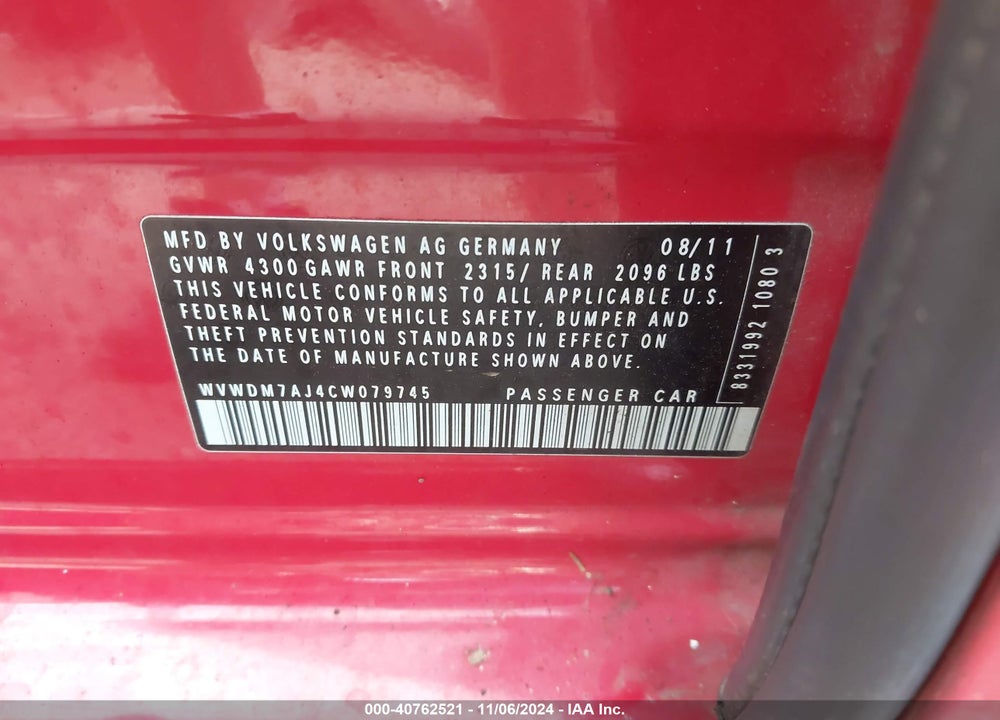 2012 VOLKSWAGEN GOLF TDI 4-DOOR VIN: WVWDM7AJ4CW079745