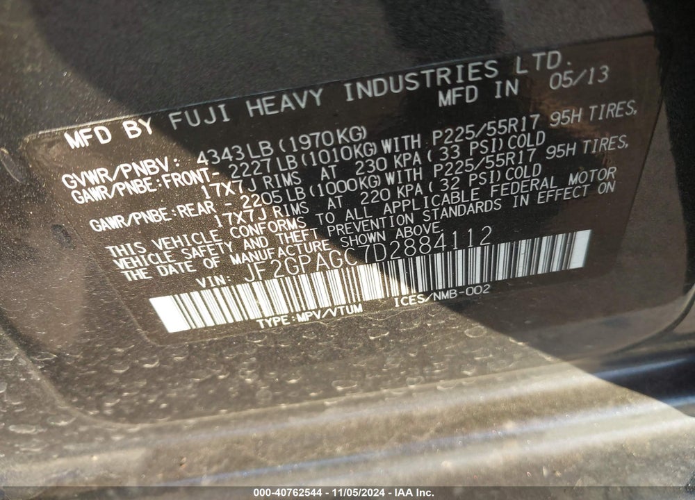 2013 SUBARU XV CROSSTREK 2.0I LIMITED VIN: JF2GPAGC7D2884112