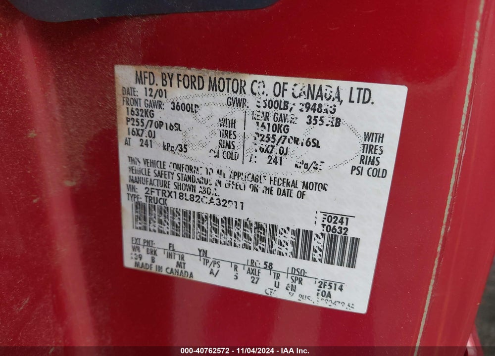 2002 FORD F-150 LARIAT/XL/XLT VIN: 2FTRX18L82CA32911