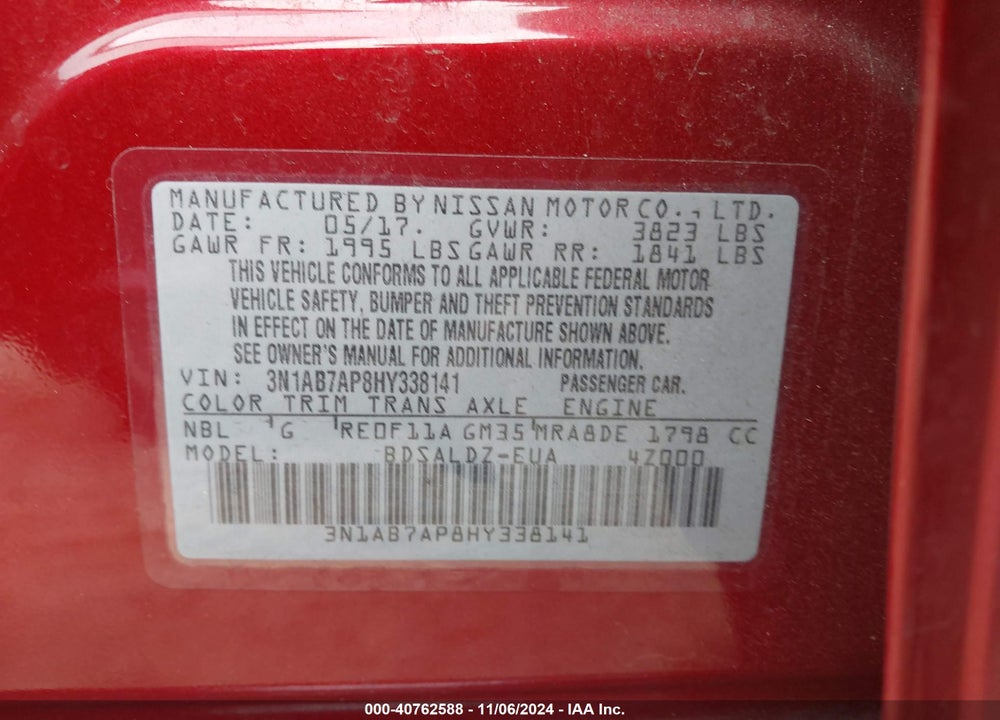 2017 NISSAN SENTRA SV VIN: 3N1AB7AP8HY338141