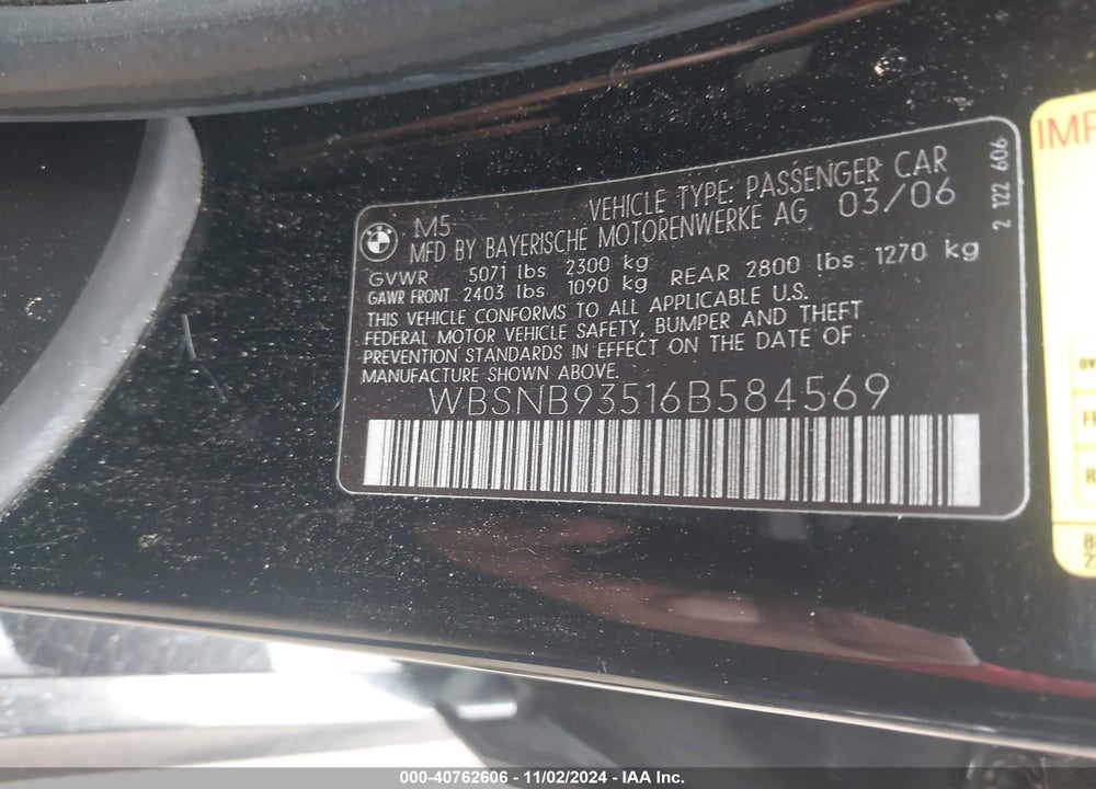 2006 BMW M5 VIN: WBSNB93516B584569