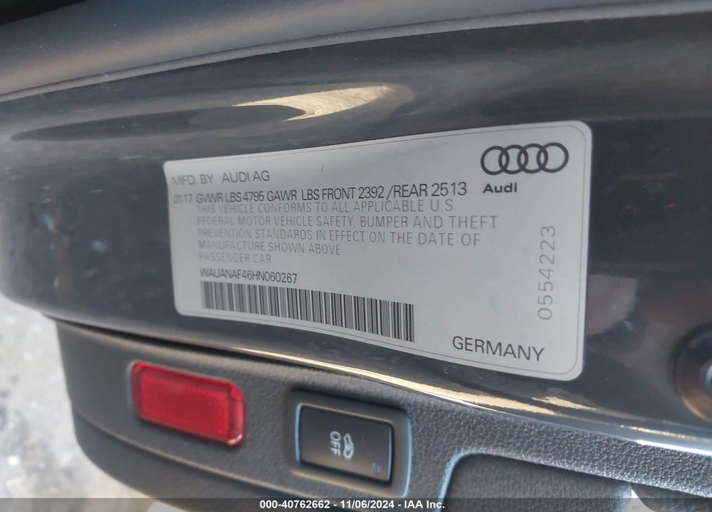 2017 AUDI A4 2.0T PREMIUM VIN: WAUANAF46HN060267
