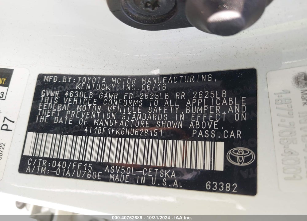 2017 TOYOTA CAMRY SE VIN: 4T1BF1FK6HU628151