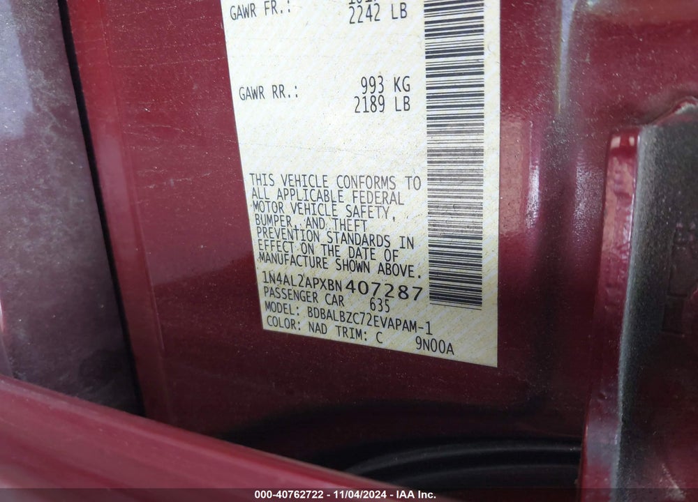2011 NISSAN ALTIMA 2.5 S VIN: 1N4AL2APXBN407287