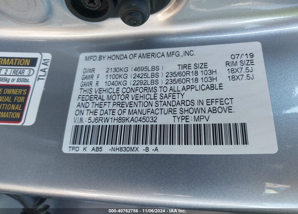2019 HONDA CR-V EX-L VIN: 5J6RW1H89KA045032