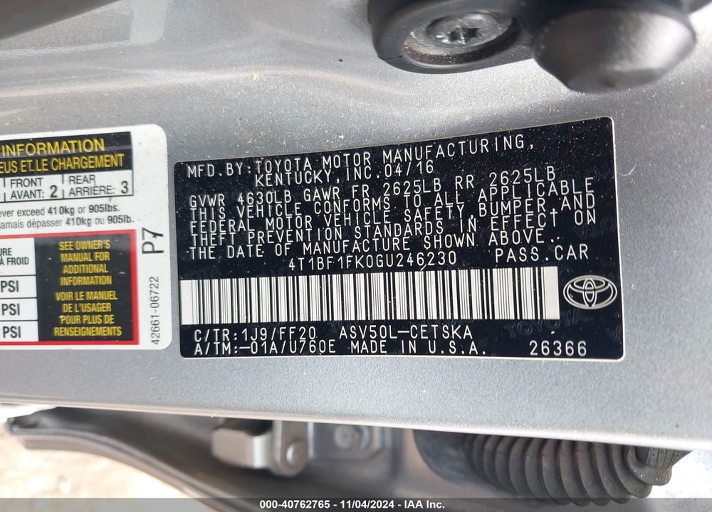 2016 TOYOTA CAMRY SE VIN: 4T1BF1FK0GU246230