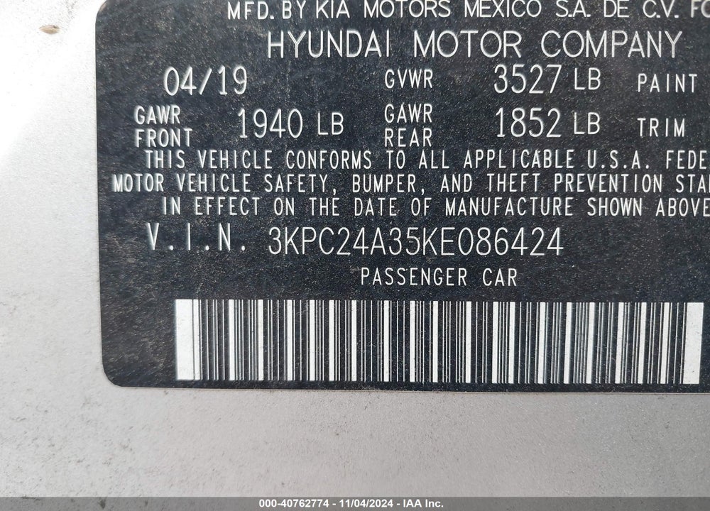 2019 HYUNDAI ACCENT SE VIN: 3KPC24A35KE086424