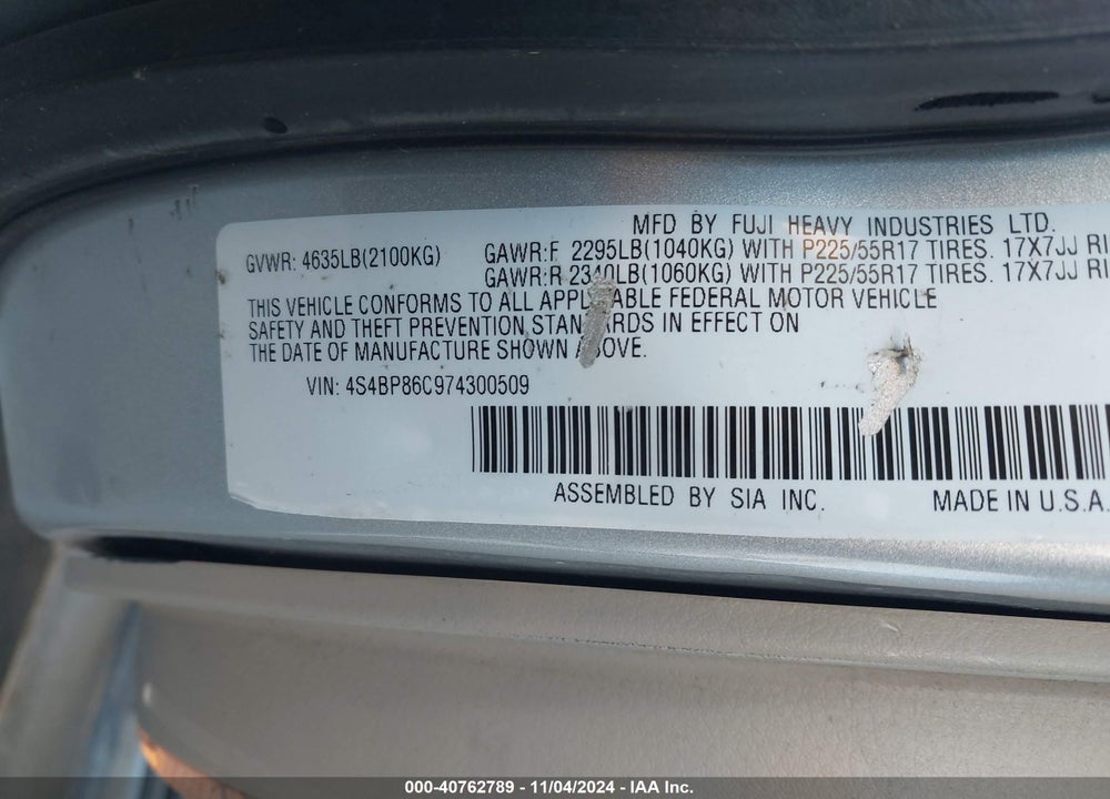 2007 SUBARU OUTBACK 3.0R L.L. BEAN EDITION VIN: 4S4BP86C974300509