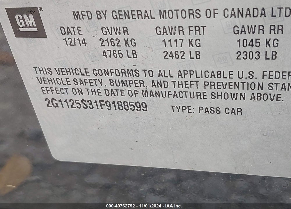 2015 CHEVROLET IMPALA 2LT VIN: 2G1125S31F9188599