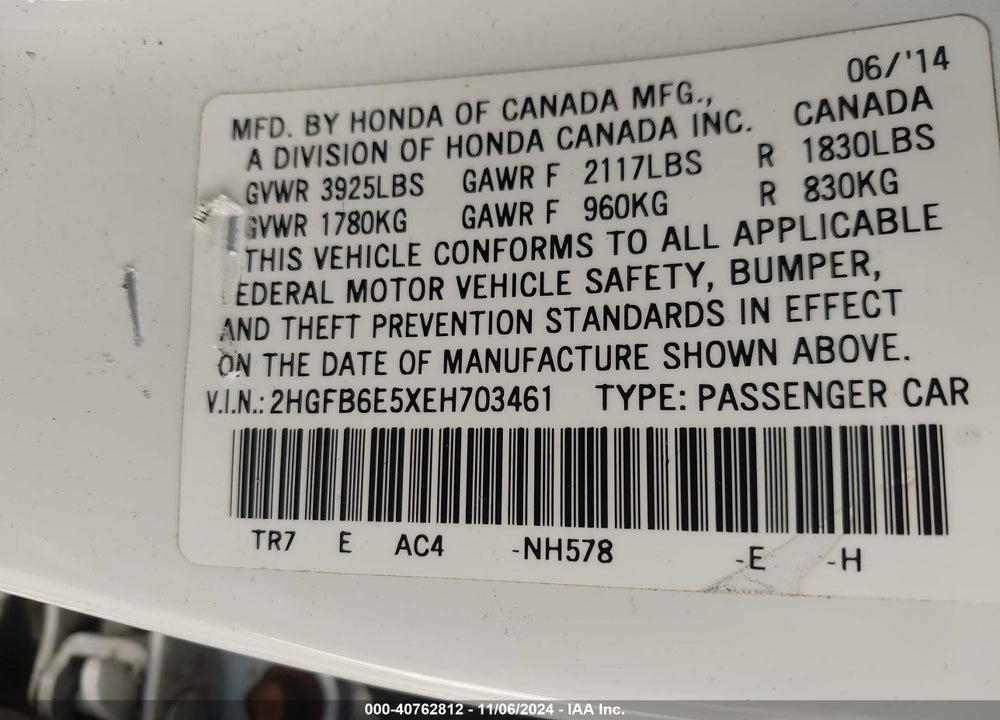 2014 HONDA CIVIC SI VIN: 2HGFB6E5XEH703461