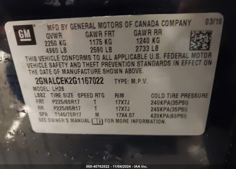 2016 CHEVROLET EQUINOX LT VIN: 2GNALCEK2G1167022