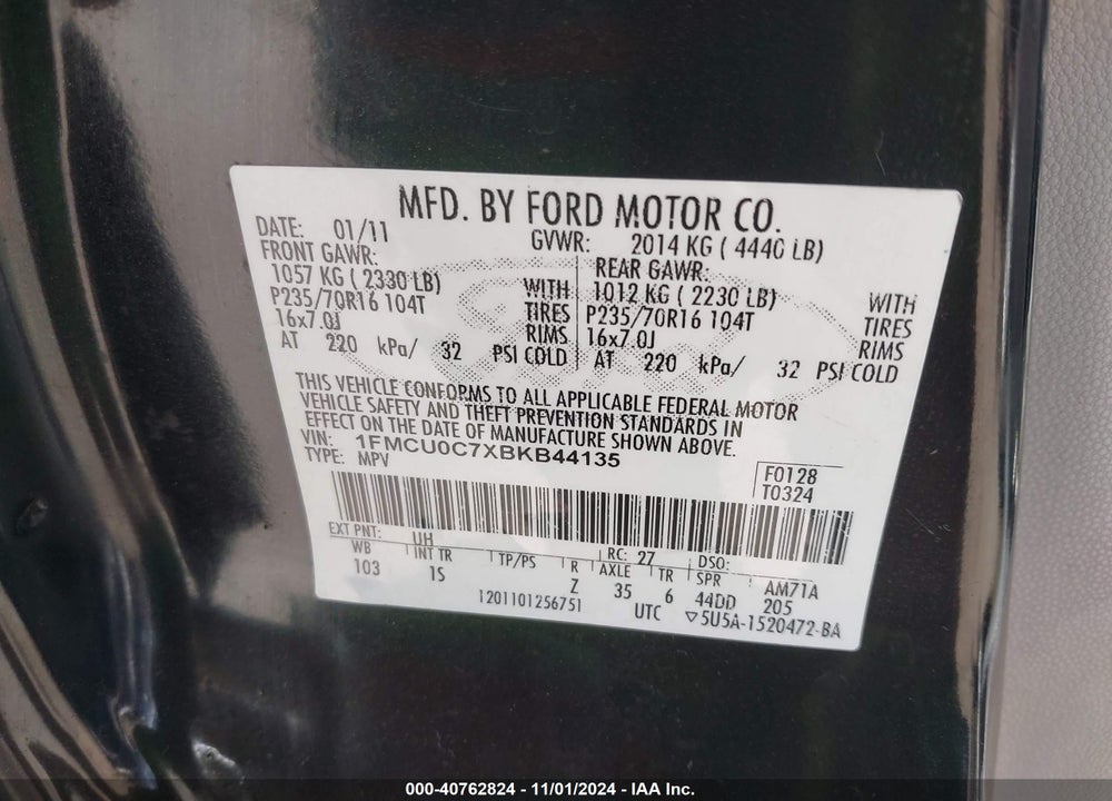 2011 FORD ESCAPE XLS VIN: 1FMCU0C7XBKB44135