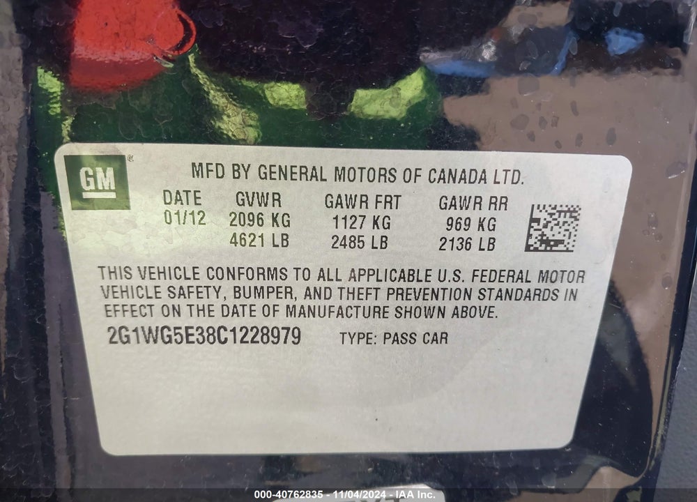 2012 CHEVROLET IMPALA LT VIN: 2G1WG5E38C1228979