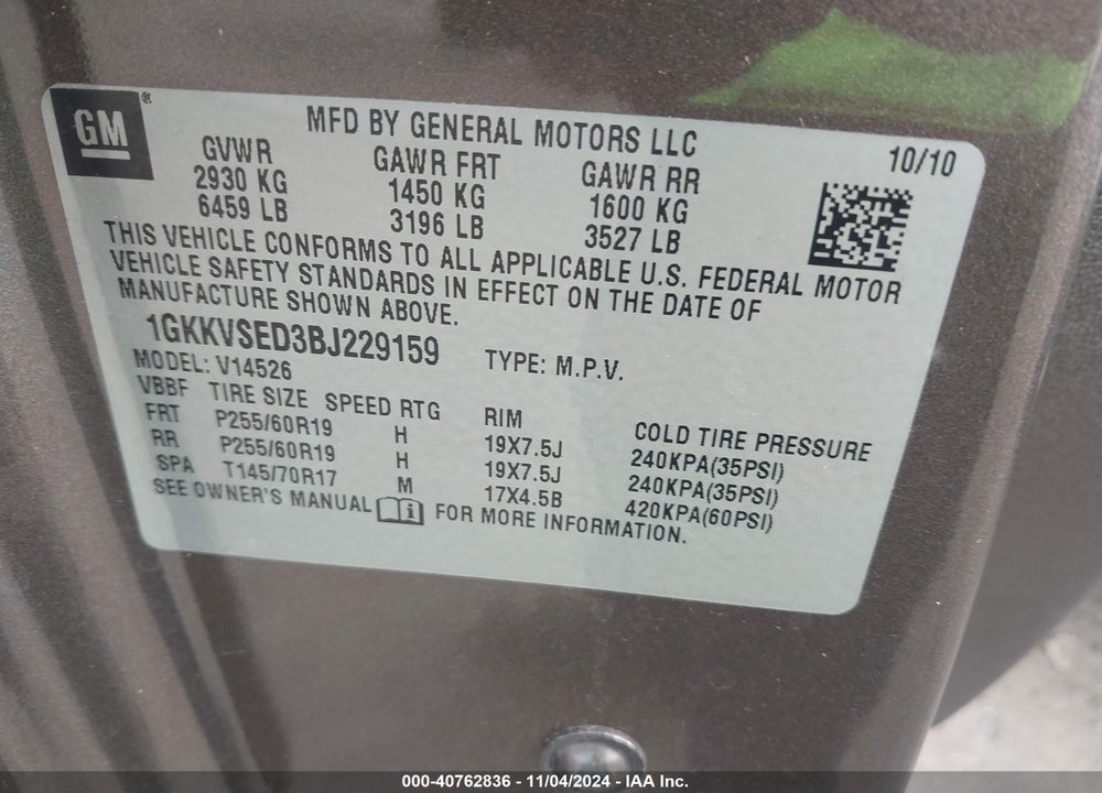2011 GMC ACADIA SLT-2 VIN: 1GKKVSED3BJ229159