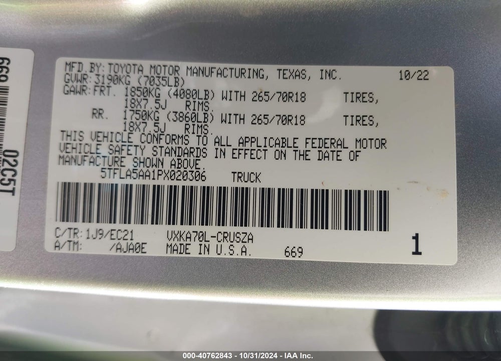 2023 TOYOTA TUNDRA SR5 VIN: 5TFLA5AA1PX020306
