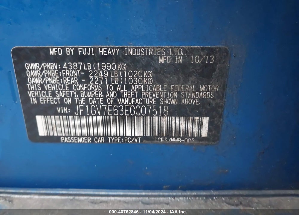 2014 SUBARU IMPREZA WRX VIN: JF1GV7E63EG007518