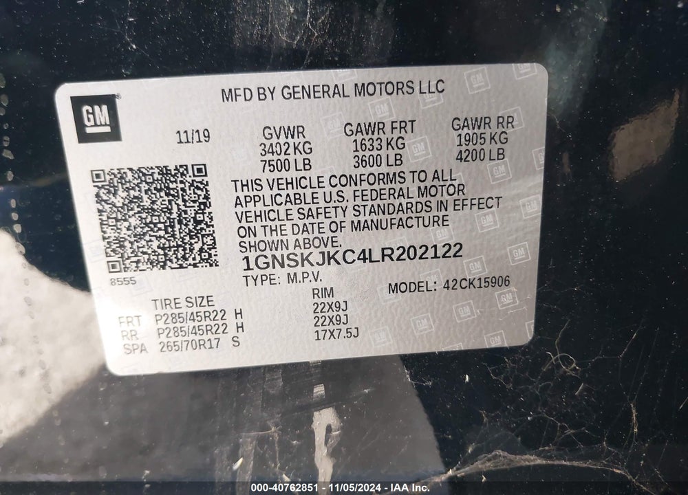 2020 CHEVROLET SUBURBAN 4WD PREMIER VIN: 1GNSKJKC4LR202122