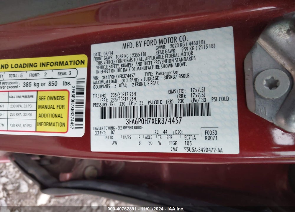 2014 FORD FUSION SE VIN: 3FA6P0H7XER374457
