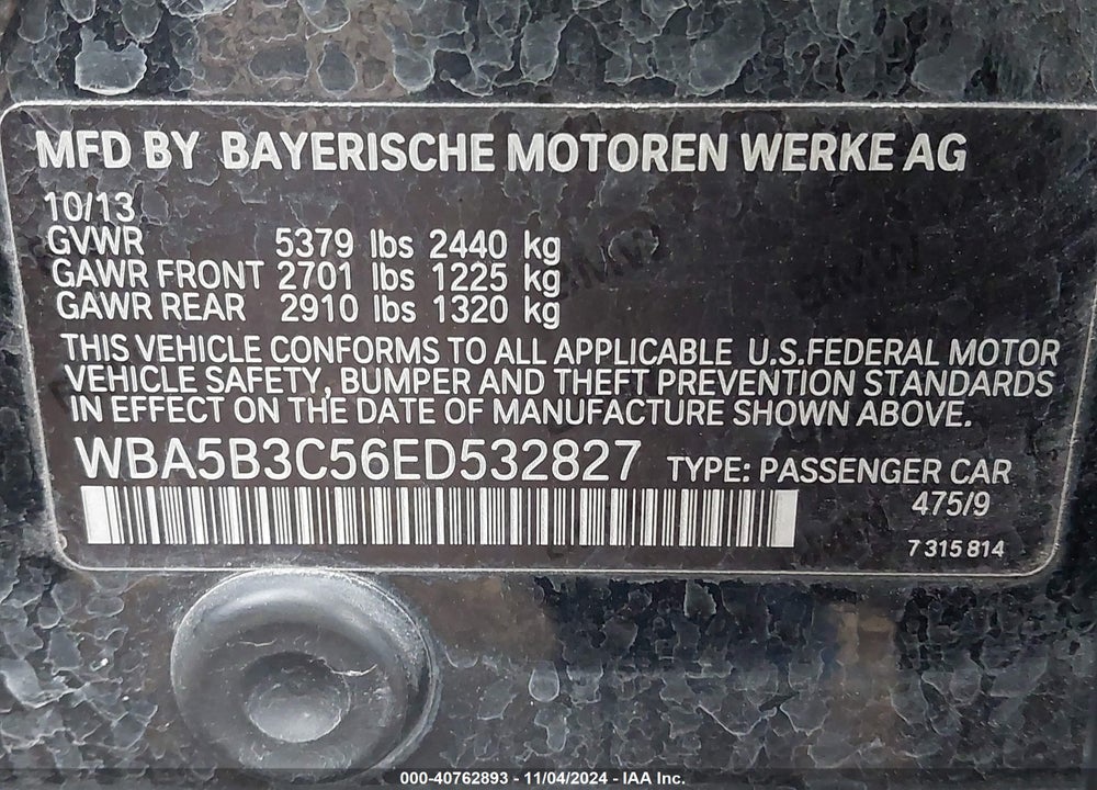 2014 BMW 535I XDRIVE VIN: WBA5B3C56ED532827