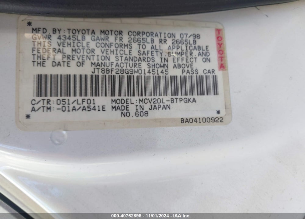 1998 LEXUS ES 300 VIN: JT8BF28G9W0145145