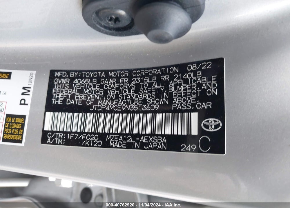 2022 TOYOTA COROLLA SE VIN: JTDP4MCE9N3513609