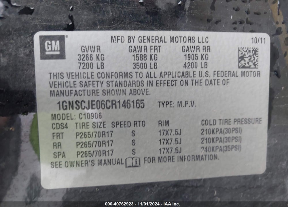 2012 CHEVROLET SUBURBAN 1500 LT VIN: 1GNSCJE06CR146165