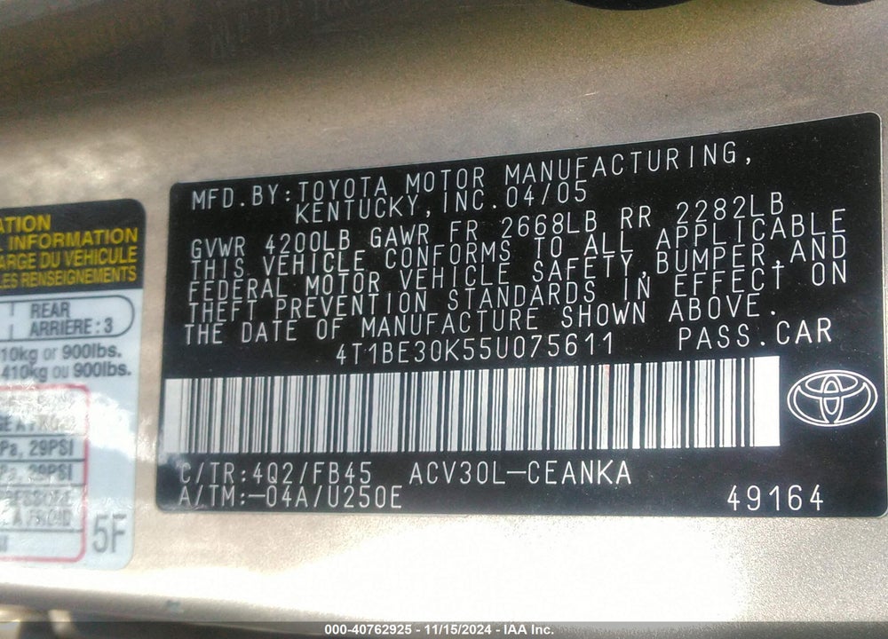 2005 TOYOTA CAMRY LE VIN: 4T1BE30K55U075611