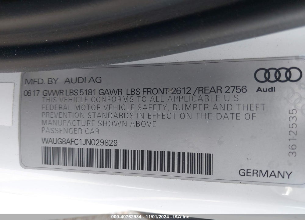 2018 AUDI A6 2.0T PREMIUM VIN: WAUG8AFC1JN029829