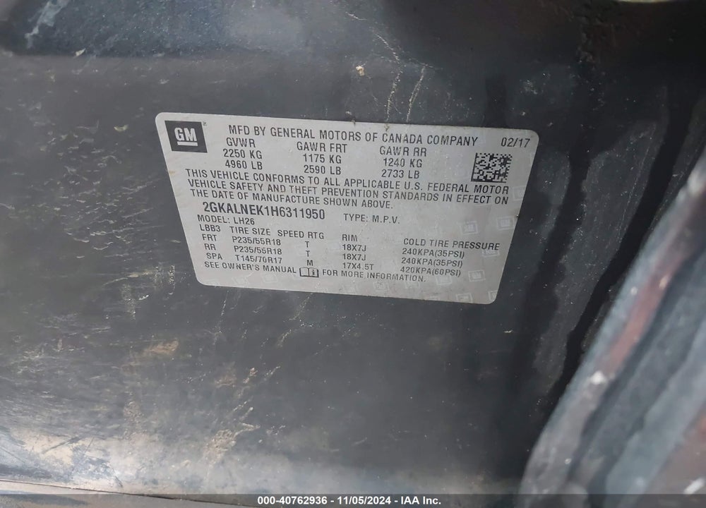 2017 GMC TERRAIN SLE-2 VIN: 2GKALNEK1H6311950