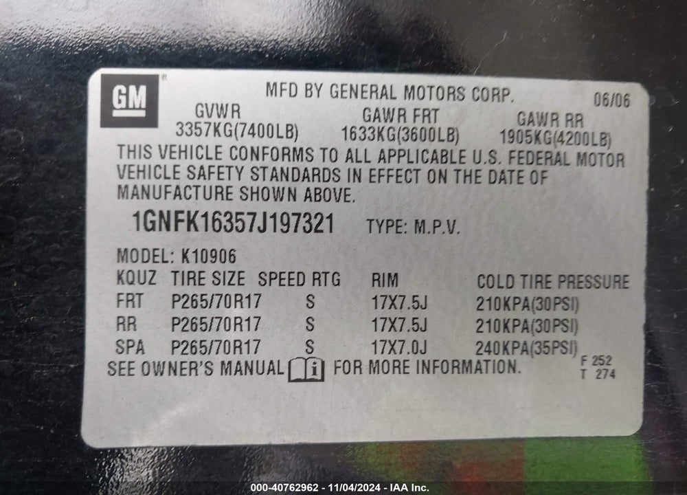 2007 CHEVROLET SUBURBAN 1500 LS VIN: 1GNFK16357J197321