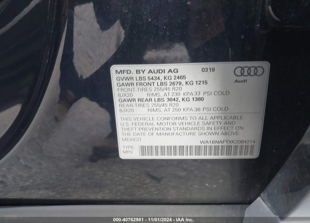 2019 AUDI Q5 45 PREMIUM VIN: WA1BNAFYXK2084214