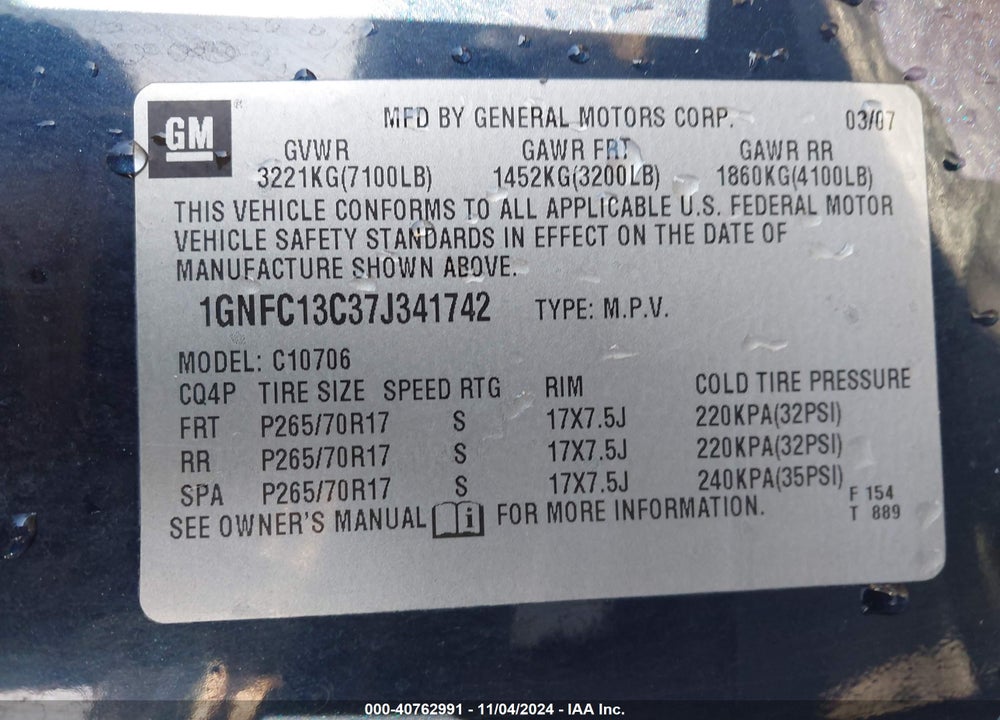 2007 CHEVROLET TAHOE LS VIN: 1GNFC13C37J341742
