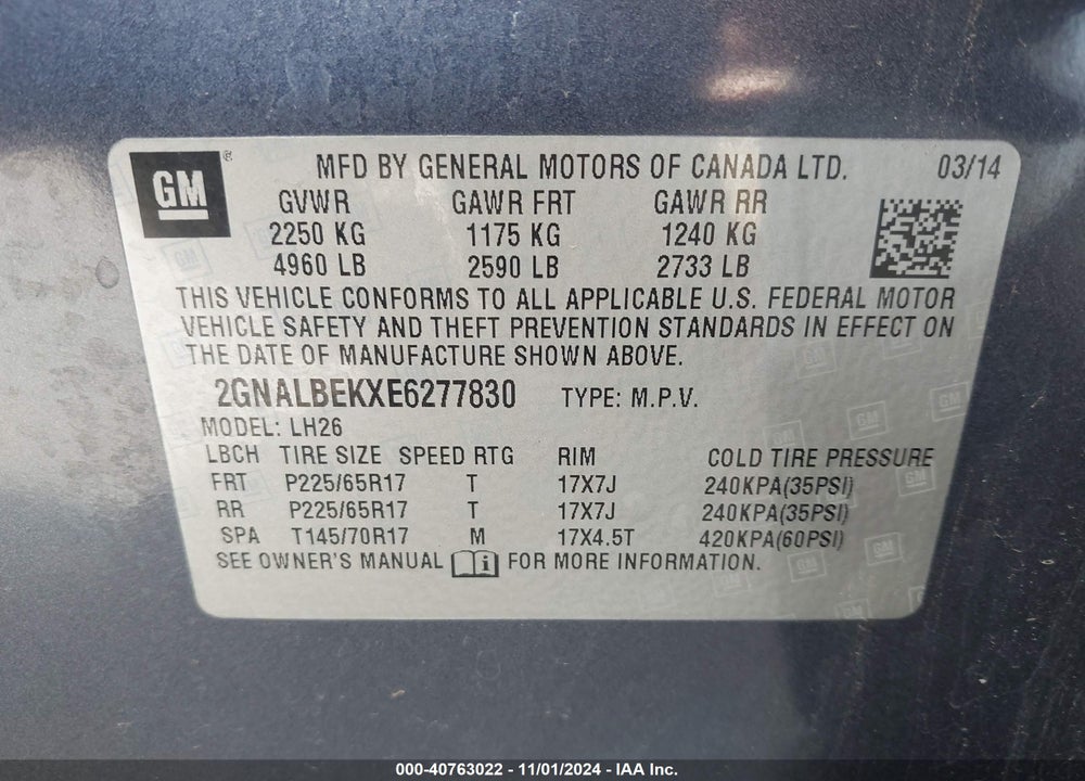 2014 CHEVROLET EQUINOX 1LT VIN: 2GNALBEKXE6277830