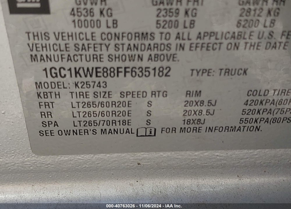 2015 CHEVROLET SILVERADO 2500HD LTZ VIN: 1GC1KWE88FF635182