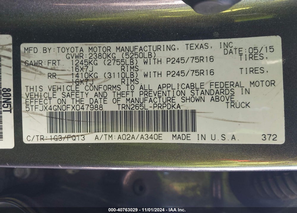 2015 TOYOTA TACOMA PRERUNNER VIN: 5TFJX4GN0FX047988