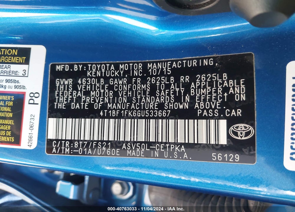 2016 TOYOTA CAMRY SE VIN: 4T1BF1FK6GU533667