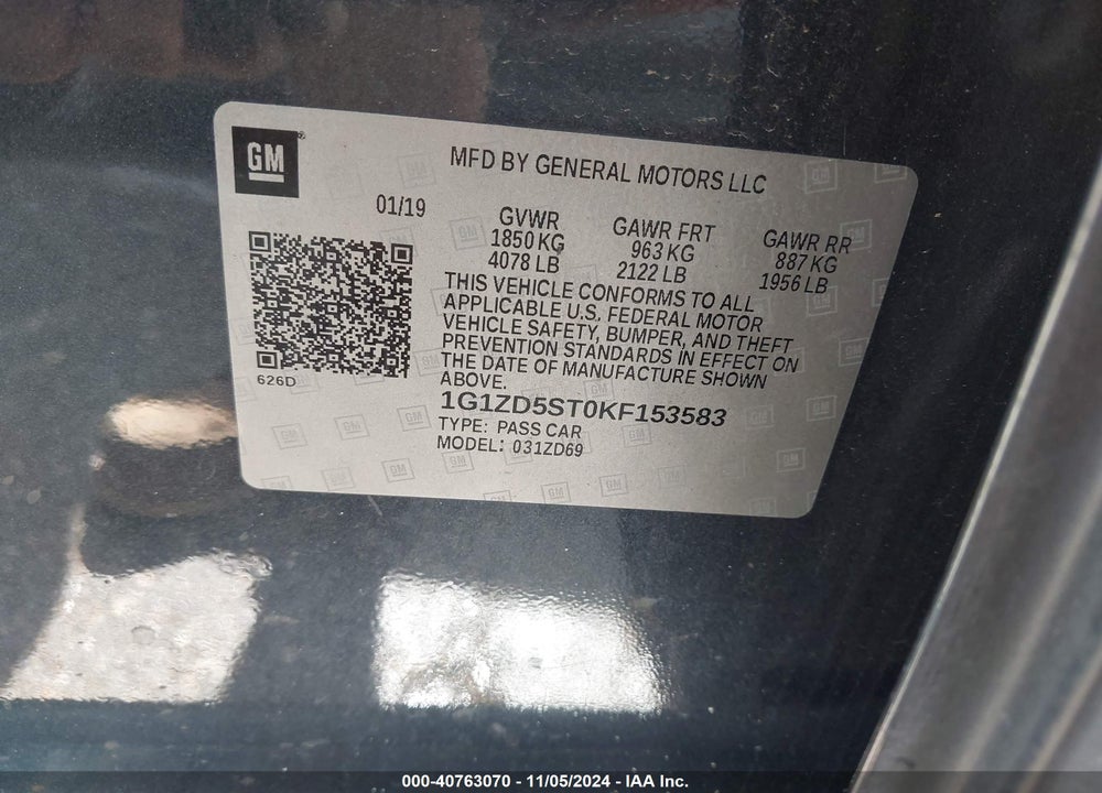 2019 CHEVROLET MALIBU VIN: 1G1ZD5ST0KF153583