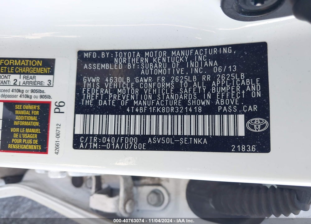 2013 TOYOTA CAMRY LE VIN: 4T4BF1FK8DR321418