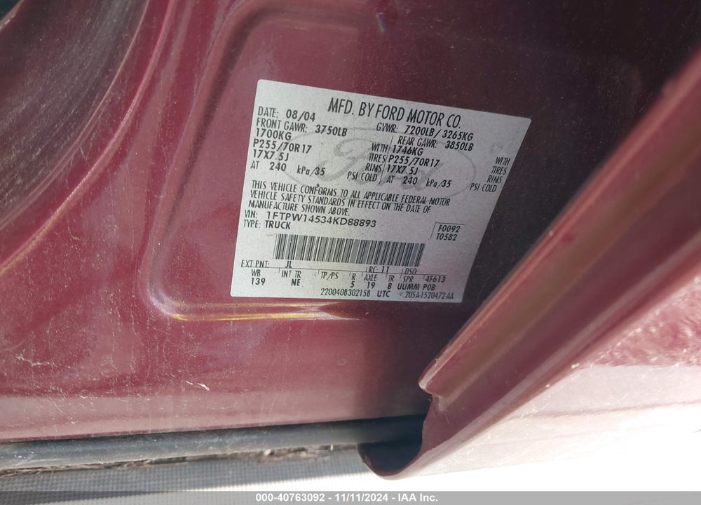 2004 FORD F-150 FX4/LARIAT/XLT VIN: 1FTPW14534KD88893