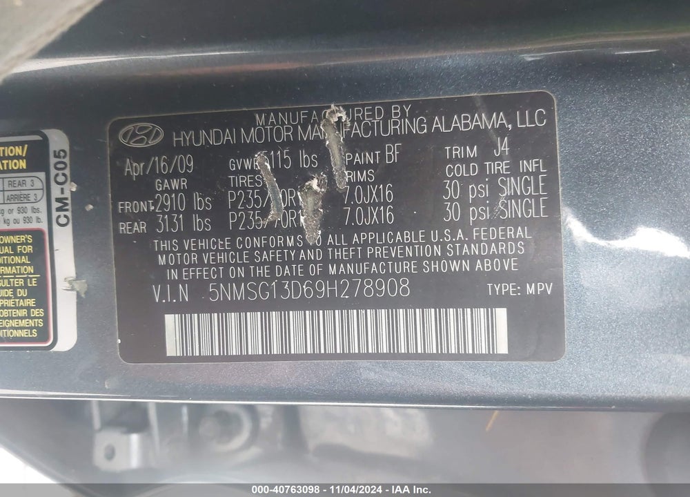2009 HYUNDAI SANTA FE GLS VIN: 5NMSG13D69H278908