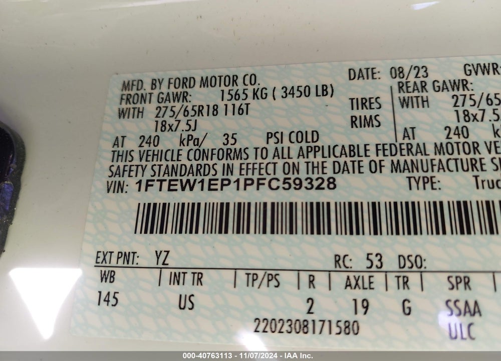 2023 FORD F-150 XLT VIN: 1FTEW1EP1PFC59328