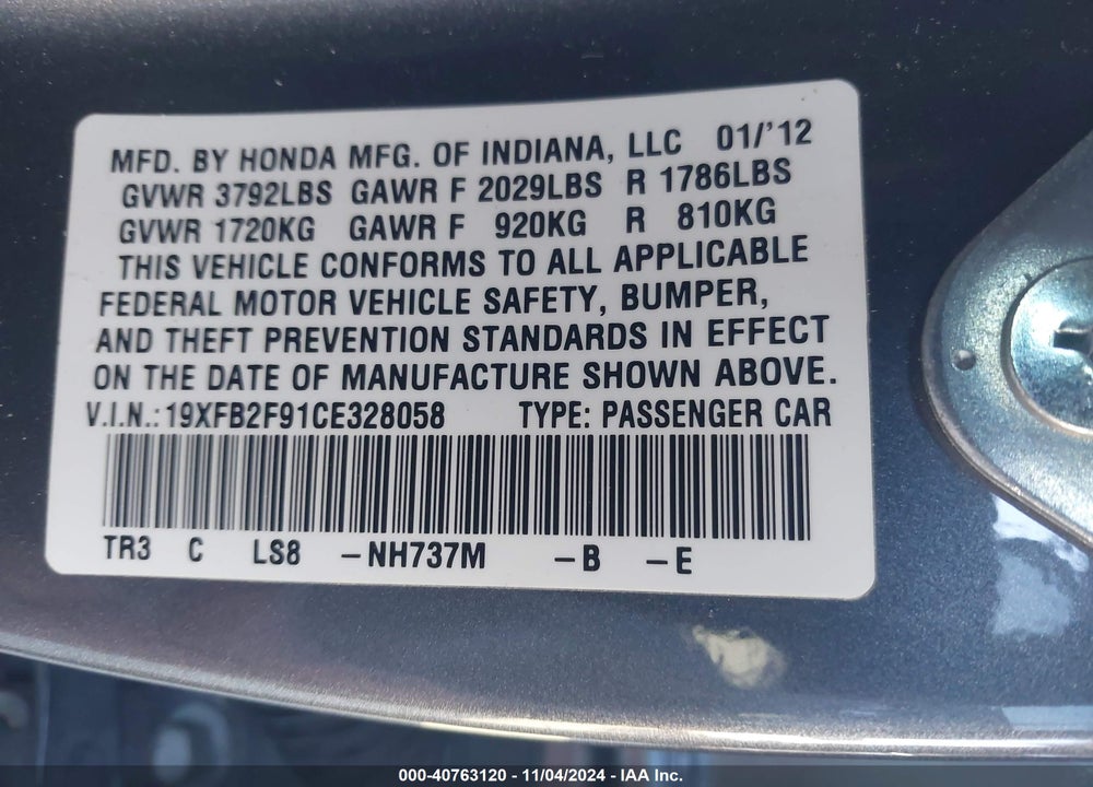2012 HONDA CIVIC EX-L VIN: 19XFB2F91CE328058